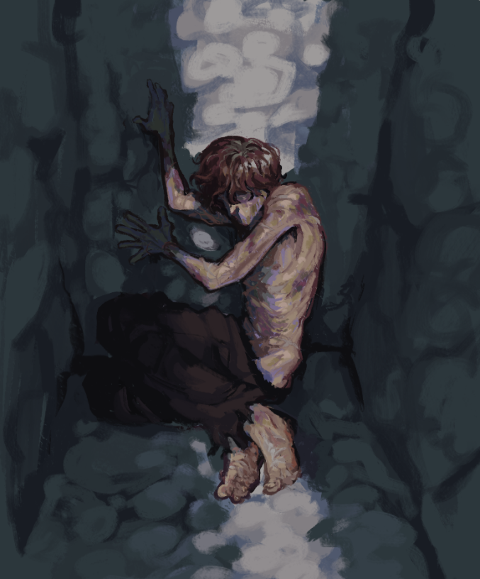 light shining through a doorway, illuminating a torture victim in some sort of dungeon